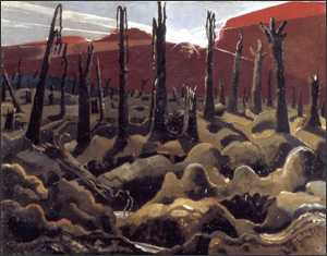 Paul Nash We Are Making a New World 1918 (painting of field with dead trees, red hills)